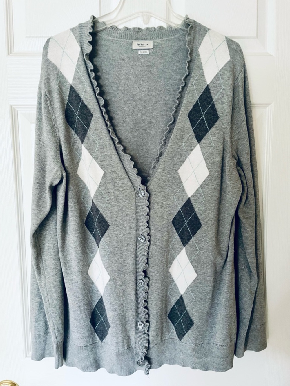 Van Heusen Gray Argyle Cardigan | Ruffle Trim Button Front Cardigan